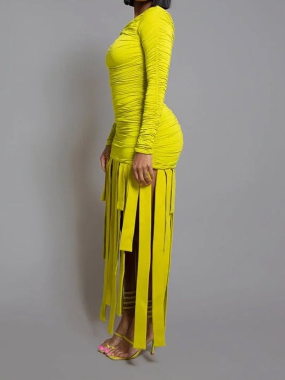 Neon Ruched Long Sleeve Stretch Bodycon Dress with Streamers - Picture 2 of 8